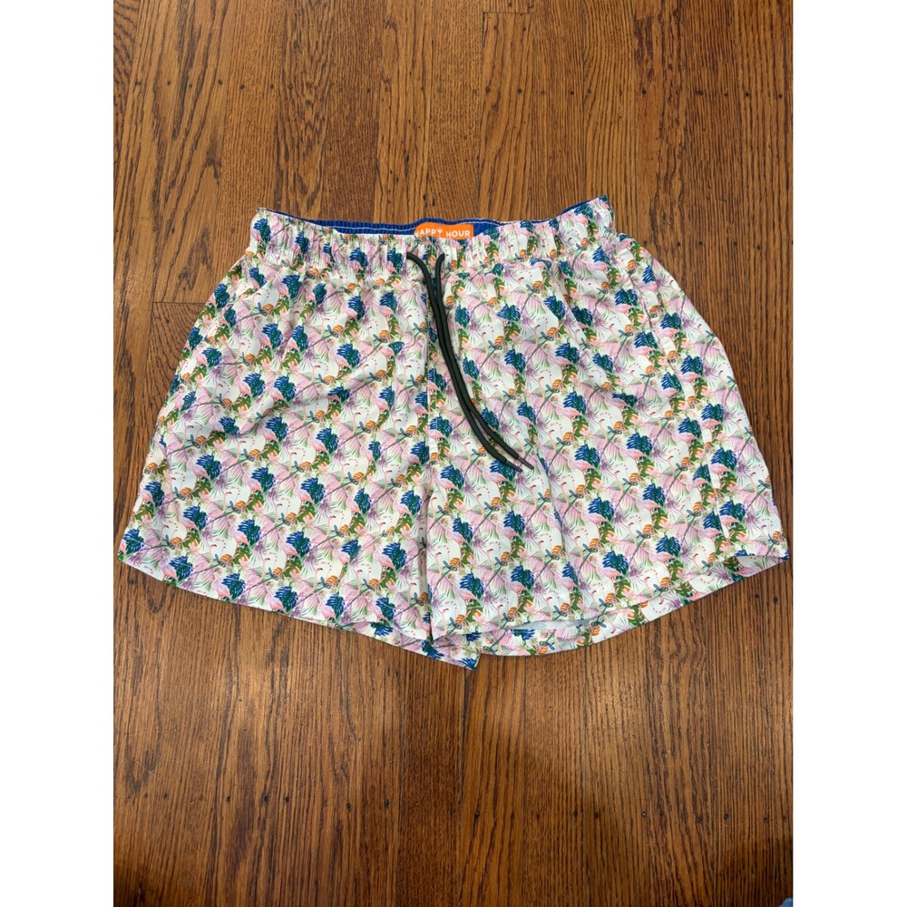 Happy Hour Mens Flamingo Tropical Swim Trunks Pink Blue Beach Shorts M